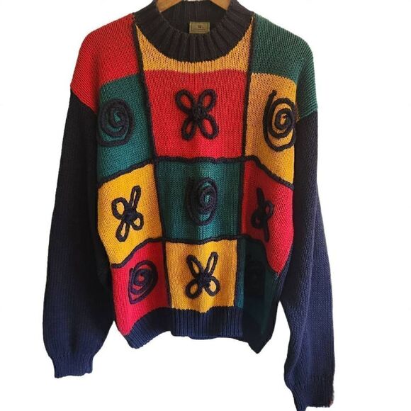 VTG 90s Sweater Womens Medium Oversized Holiday Christmas Knit Chunky Blue Red - Picture 1 of 4